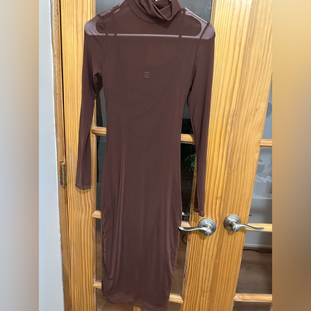 SHEIN Elegant Brown Long Sleeve Dress